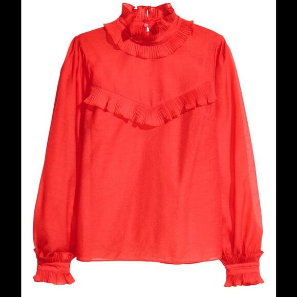 H&M Women's Frilled crêpe Ruffle Blouse Red 6 Long Sleeve Sheer Holiday Trendy - Picture 1 of 7